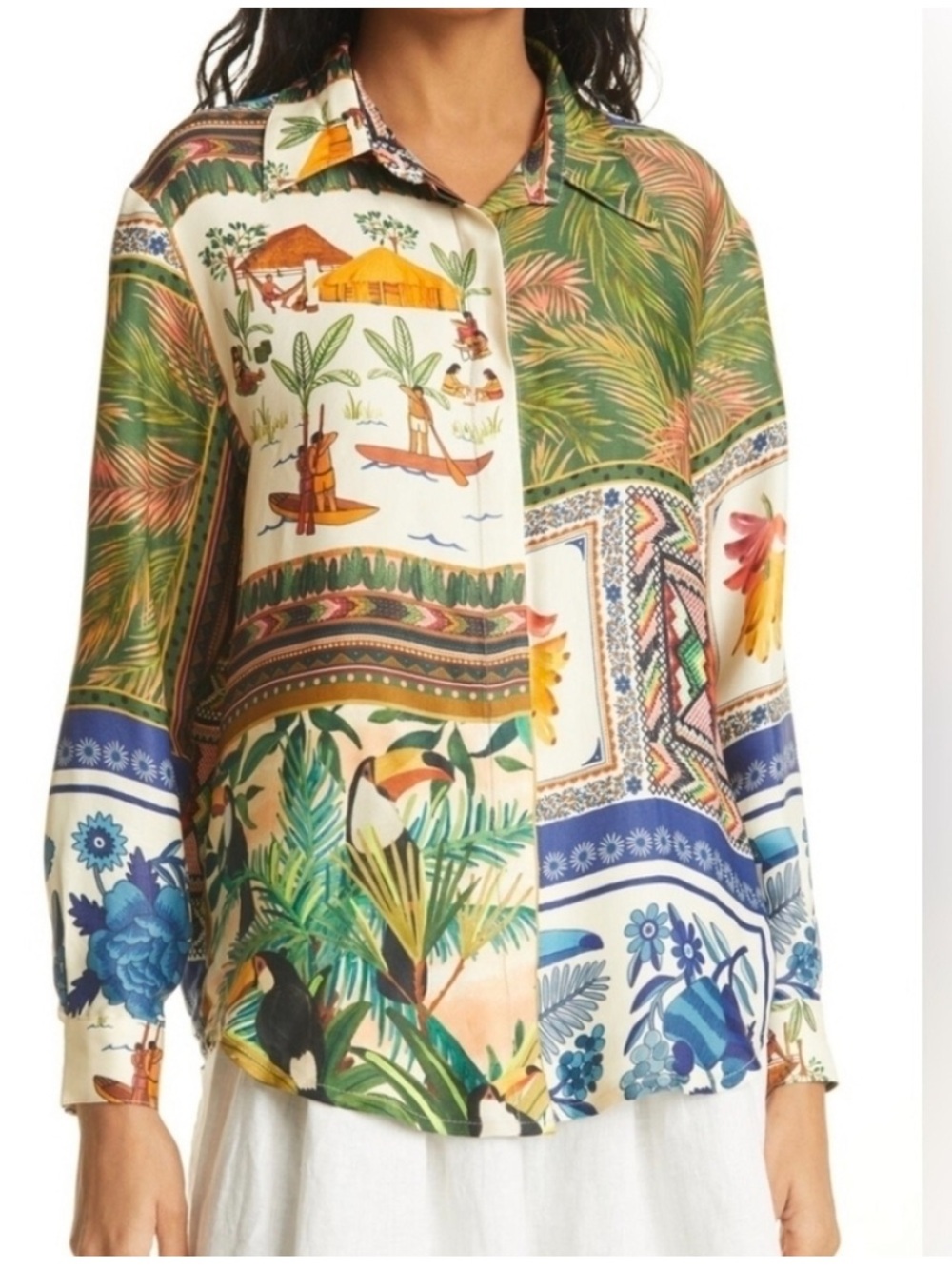 Farm Rio Mixed Scarves tropical button front shirt L like new